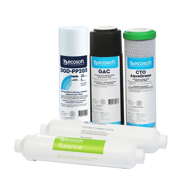 Szűrőkészlet Ecosoft P’URE Balance víztisztítóhoz 5 szűrős készlet (3 előszűrő, utószánszűrő és speciális ásványi anyag visszapótló)